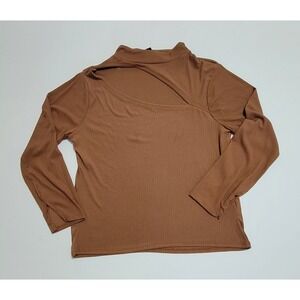 Womans Brown Ribbed Asymmetrical Cut Out Long Sleeve Fitted Top 3x Plus Size EUC